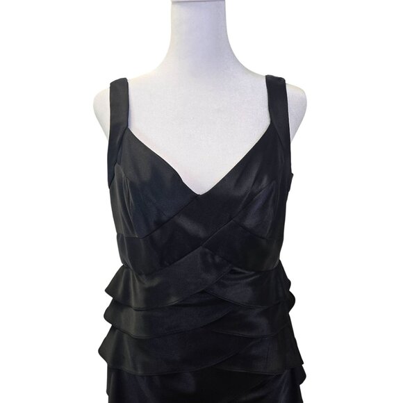 London Times Satin Layered Little Black Bodycon Dress Size 10 Petite - Picture 4 of 7